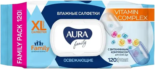 Aura Family Vitamin Complex салфетки влажные освежающие с витаминным комплексом (120 салфеток в пачке)