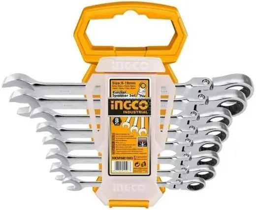 Ingco Industrial набор комбинированных ключей с трещоткой (8-19 мм 8 ключей)