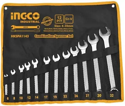 Ingco Industrial набор ключей гаечных комбинированных (6-32 мм) матовый хром (12 ключей)