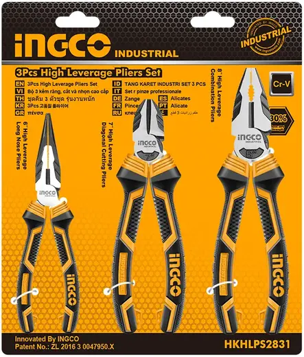 Ingco Industrial набор шарнирно-губцевого инструмента усиленные (1 плоскогубцы комбинированные * 200 мм + 1 кусачки боковые * 180 мм + 1 длинногубцы *
