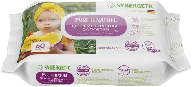 Синергетик Baby Pure & Nature Алоэ Вера и Нежный Хлопок салфетки влажные детские (60 салфеток в пачке)