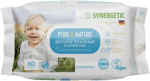 Синергетик Baby Pure & Nature Пантенол и Овсяное Молочко салфетки влажные детские (60 салфеток в пачке)
