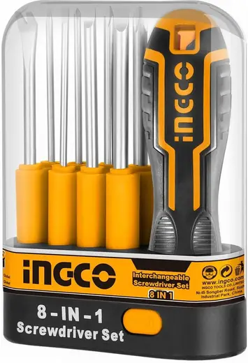 Ingco Industrial отвертка со сменными насадками (1 рукоятка + 3 прямых шлица + 3 крестообразных шлица + 1 шило + 1 мини-гвоздоер)