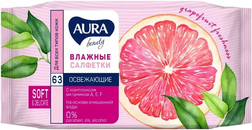 Aura Family Soft & Delicate Grapfruit Freshness салфетки влажные освежающие (63 салфетки в пачке)