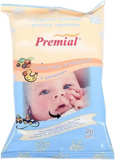 Premial Кремовые салфетки влажные для детской гигиены (20 салфеток в пачке)