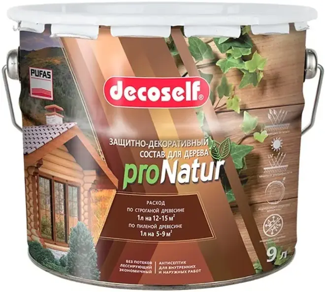Пуфас Decoself Pro Natur защитно-декоративный состав для дерева (9 л) эбеновое дерево