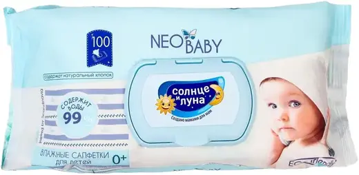 Солнце и Луна Neo Baby салфетки влажные хлопковые для детей 0+ (100 салфеток в пачке)