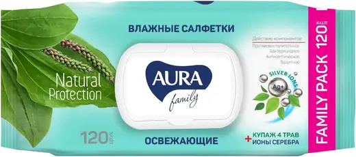 Aura Family Natural Protection Купаж 4 Трав+Ионы Серебра салфетки влажные освежающие (120 салфеток в пачке с клапаном)