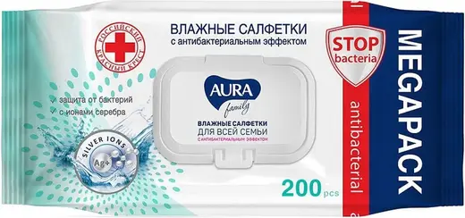 Aura Family салфетки влажные с антибактериальным эффектом (200 салфеток в пачке)