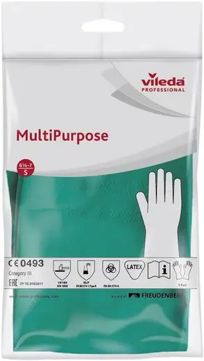 Vileda Professional Multi Purpose перчатки резиновые латексные хлопковое напыление (S) зеленые
