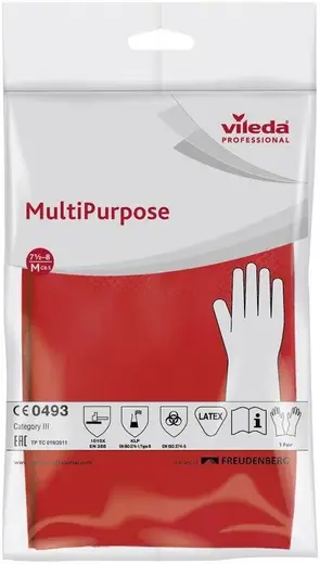 Vileda Professional Multi Purpose перчатки резиновые латексные хлопковое напыление (M) красные
