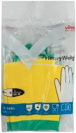 Vileda Professional Heavy Weight перчатки резиновые латексные с хлопковым напылением (L) зеленые/желтые Россия