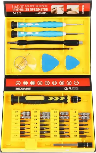 Rexant Профи набор отверток для точечных работ (1 ручка + 8 головок + 20 бит + 2 отвертки + 2 медиатора + 1 булавка + 1 присоска + 1 гибкий удлинитель