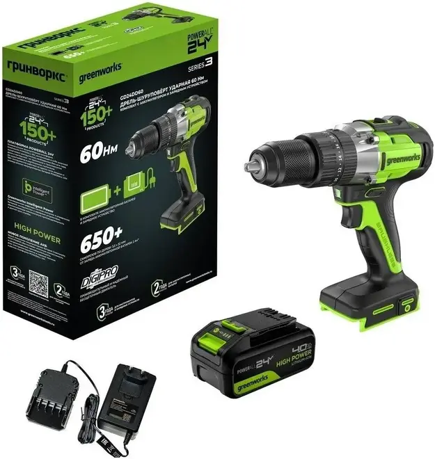 Greenworks GD24DD60 дрель-шуруповерт ударная аккумуляторная (24 В без АКБ) №3704107