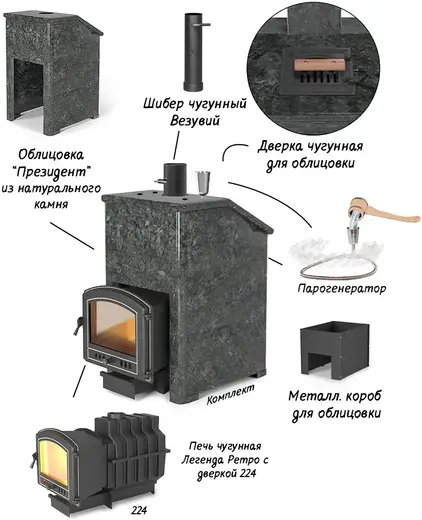 Эверест Президент Легенда Ретро 224 печь банная (комплект) пироксенит элит
