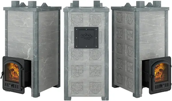 печь эверест "легкий пар профи" каменка по-серому, талькохлорит, s-50 мм, резная (3 стороны)
